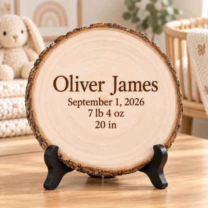 Birth Announcement Wood Slice Sign displayed on the optional black wooden stand in a matching setting. Approved thumbnail September 25, 2026.