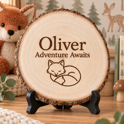 Woodland Nursery Wood Slice Sign displayed on the optional black wooden stand in a matching setting. Approved thumbnail September 25, 2026.