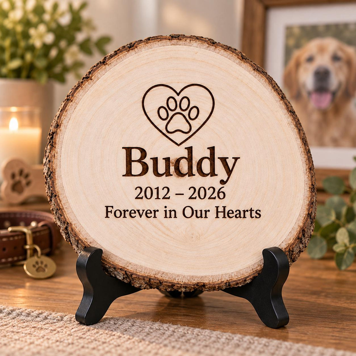 Pet Memorial Wood Slice Sign displayed on the optional black wooden stand in a matching setting. Approved thumbnail September 25, 2026.