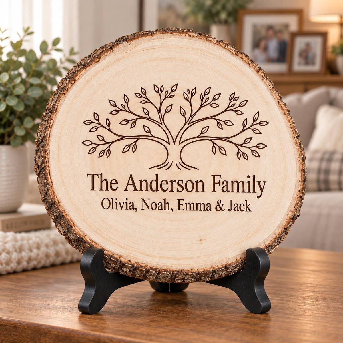 Family Tree Wood Slice Sign displayed on the optional black wooden stand in a matching setting. Approved thumbnail September 25, 2026.