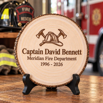 Firefighter Retirement Gift displayed on the optional black wooden stand in a matching setting. Approved thumbnail September 25, 2026.