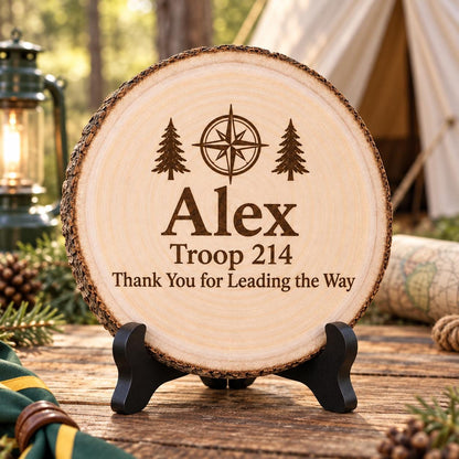 Scout Leader Thank You displayed on the optional black wooden stand in a matching setting. Approved thumbnail September 25, 2026.