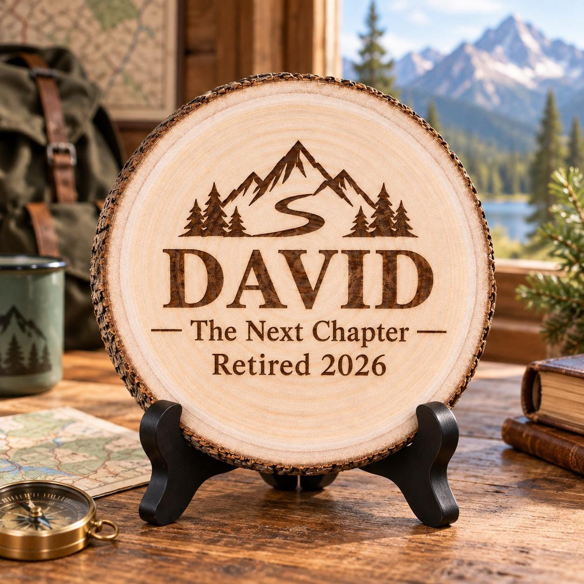 Retirement Adventure Gift displayed on the optional black wooden stand in a matching setting. Approved thumbnail September 25, 2026.