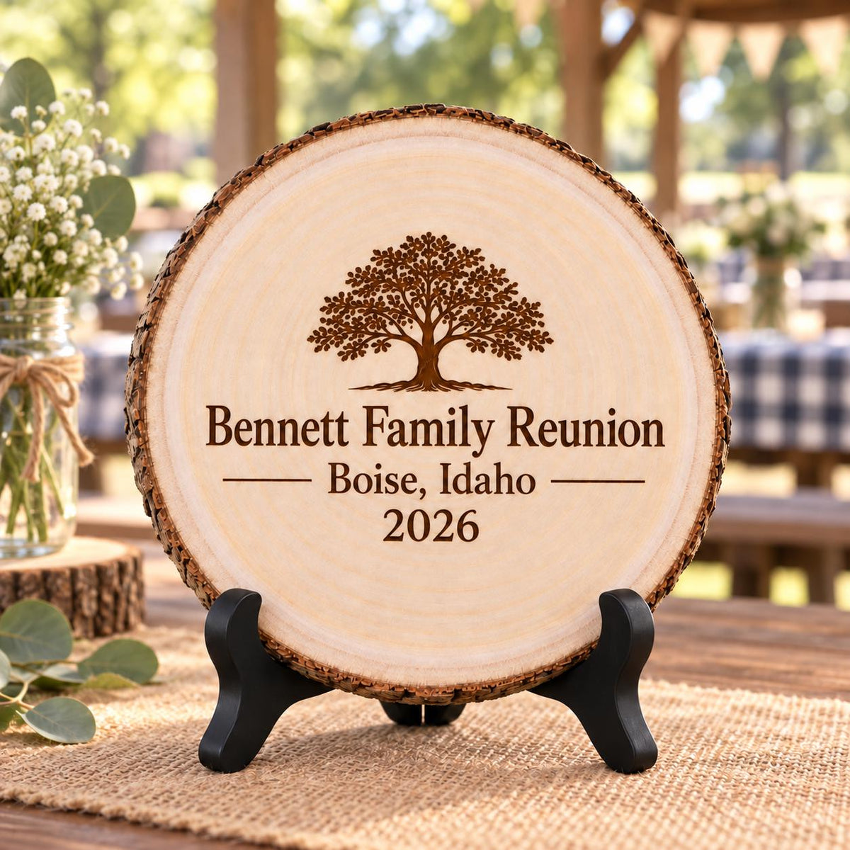 Family Reunion Keepsake displayed on the optional black wooden stand in a matching setting. Approved thumbnail September 25, 2026.