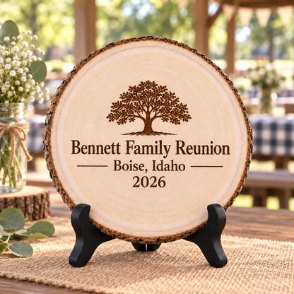 Family Reunion Keepsake displayed on the optional black wooden stand in a matching setting. Approved thumbnail September 25, 2026.