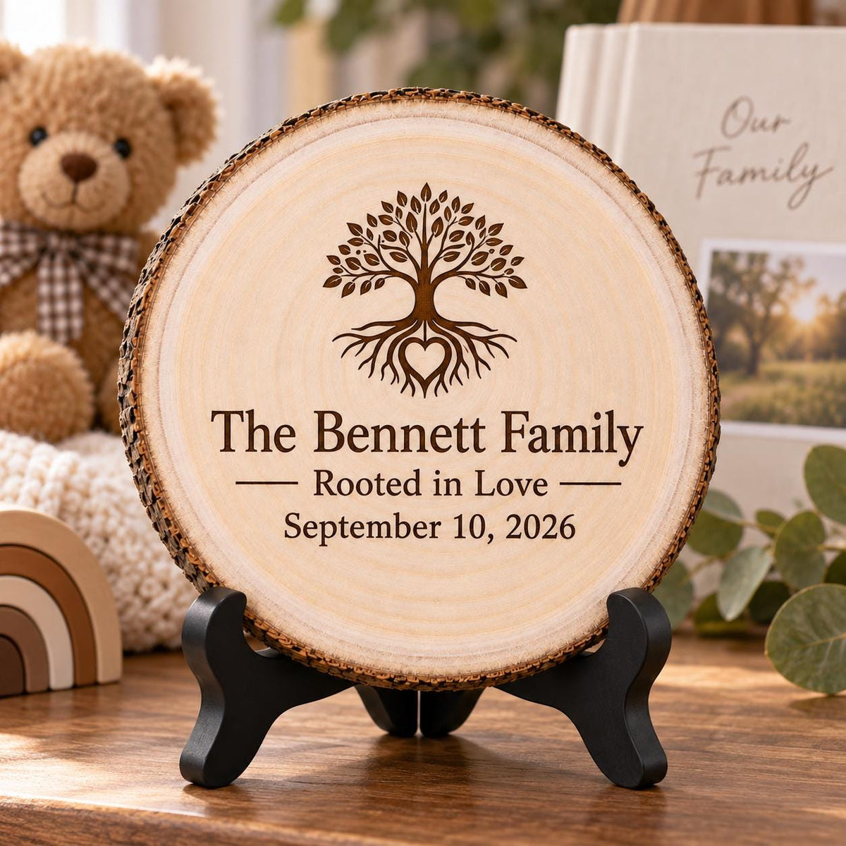 Adoption Keepsake displayed on the optional black wooden stand in a matching setting. Approved thumbnail September 25, 2026.