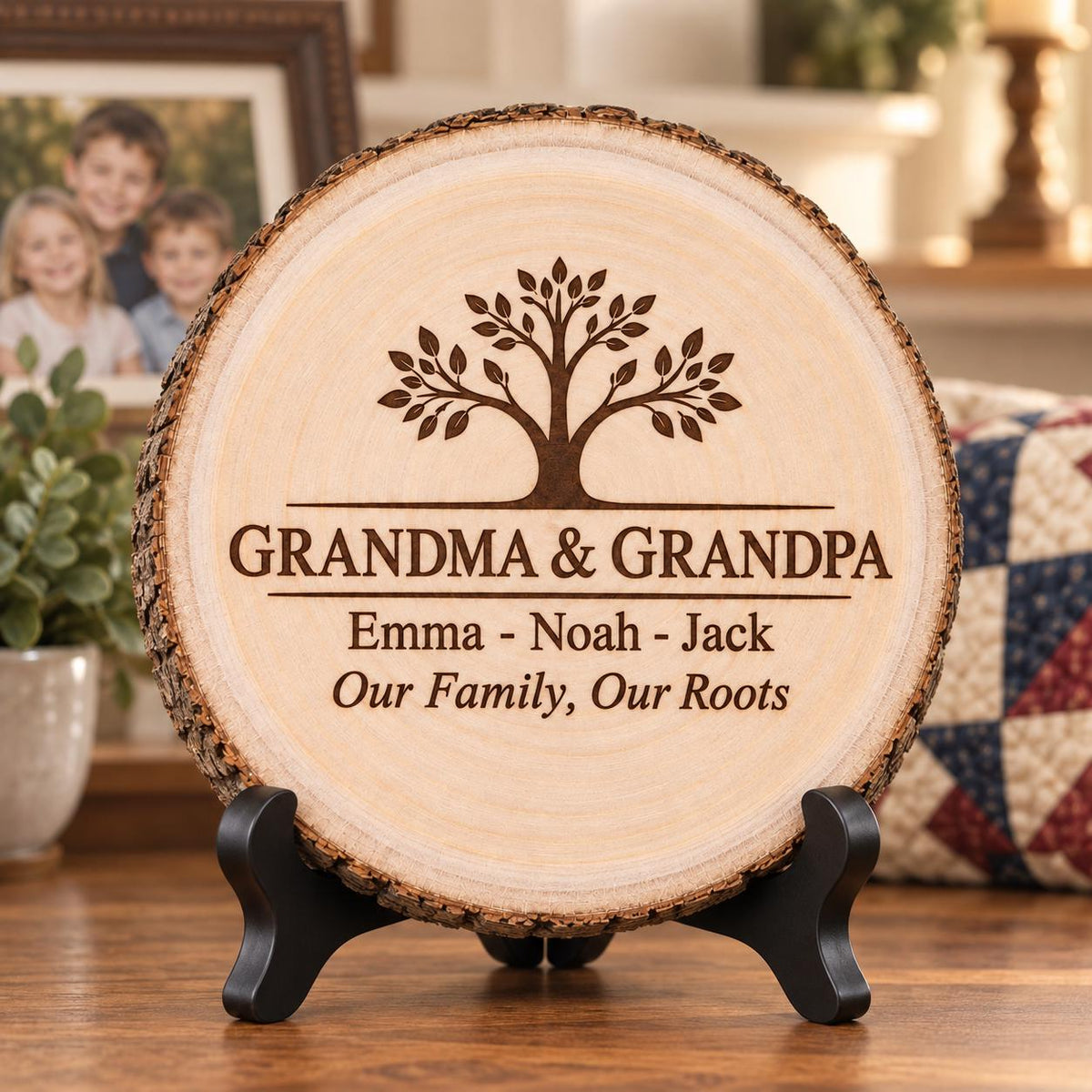 Grandparents Family Tree displayed on the optional black wooden stand in a matching setting. Approved thumbnail September 25, 2026.
