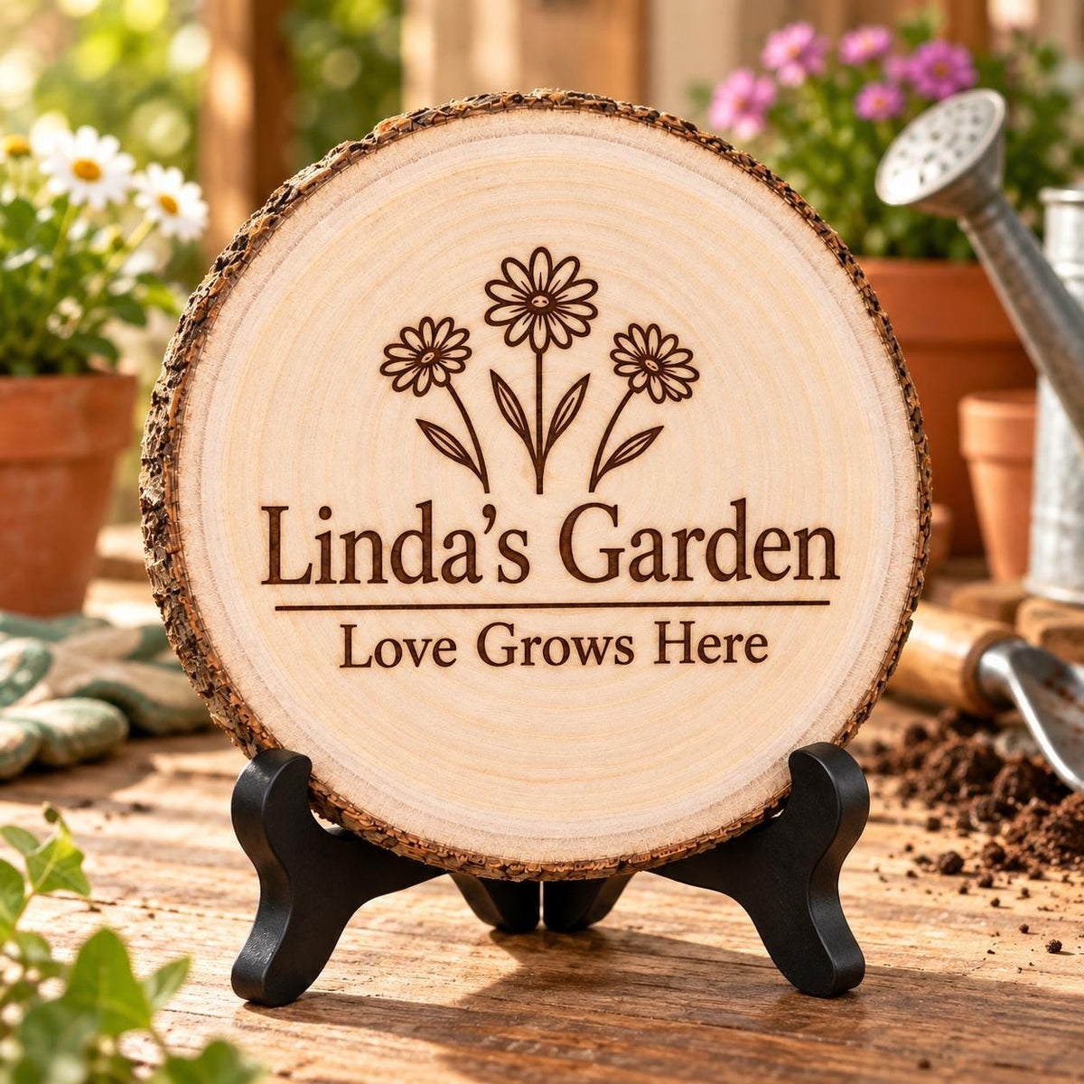 Garden Name Sign displayed on the optional black wooden stand in a matching setting. Approved thumbnail September 25, 2026.