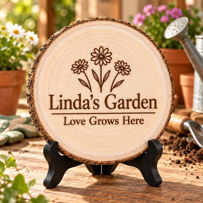 Garden Name Sign displayed on the optional black wooden stand in a matching setting. Approved thumbnail September 25, 2026.