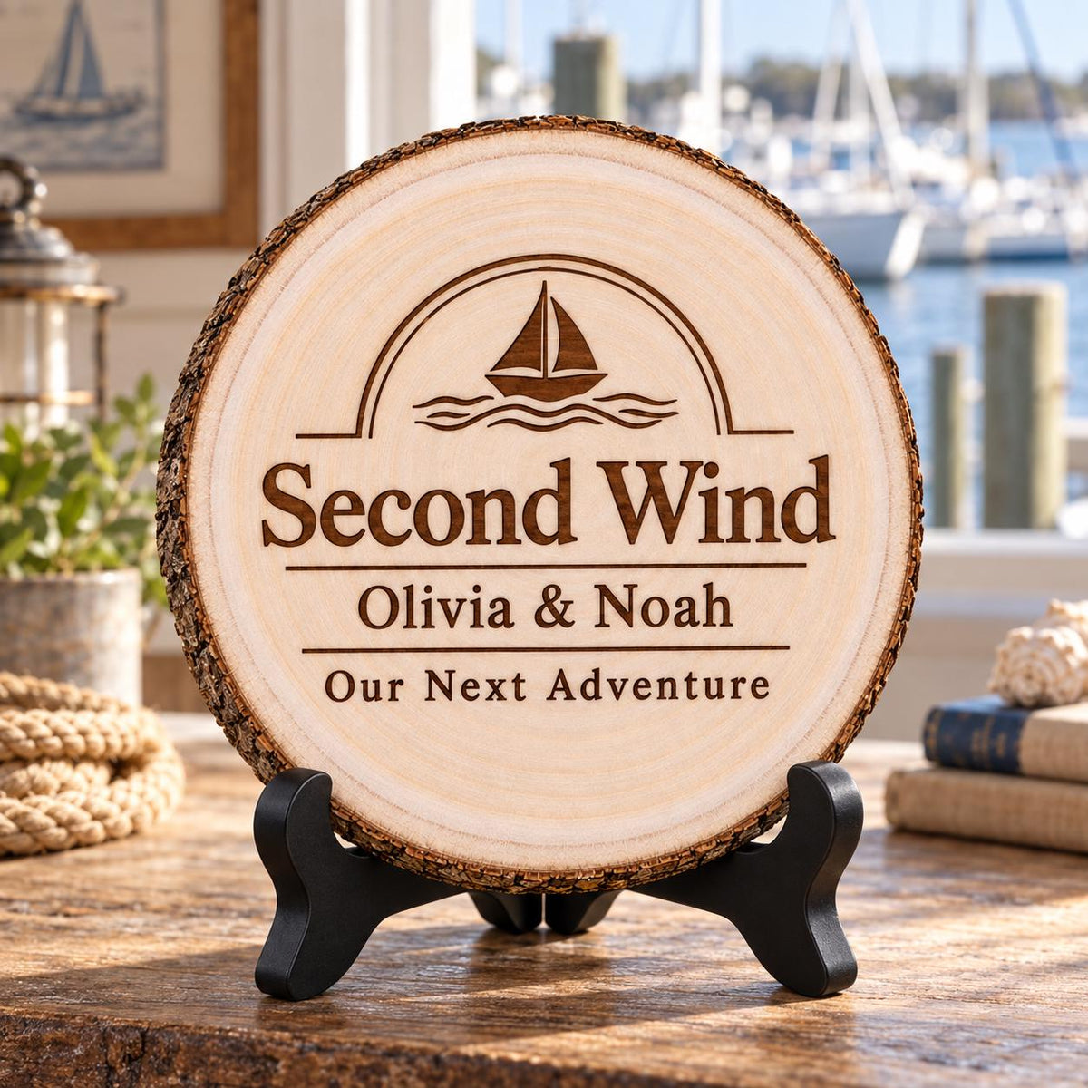 Boat Name Gift displayed on the optional black wooden stand in a matching setting. Approved thumbnail September 25, 2026.