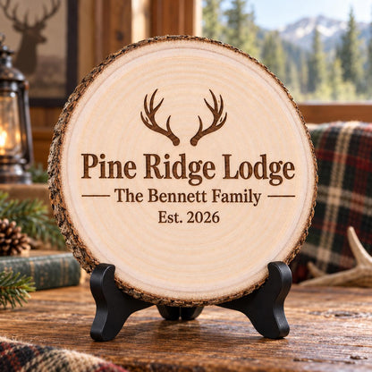 Hunting Lodge Sign displayed on the optional black wooden stand in a matching setting. Approved thumbnail September 25, 2026.