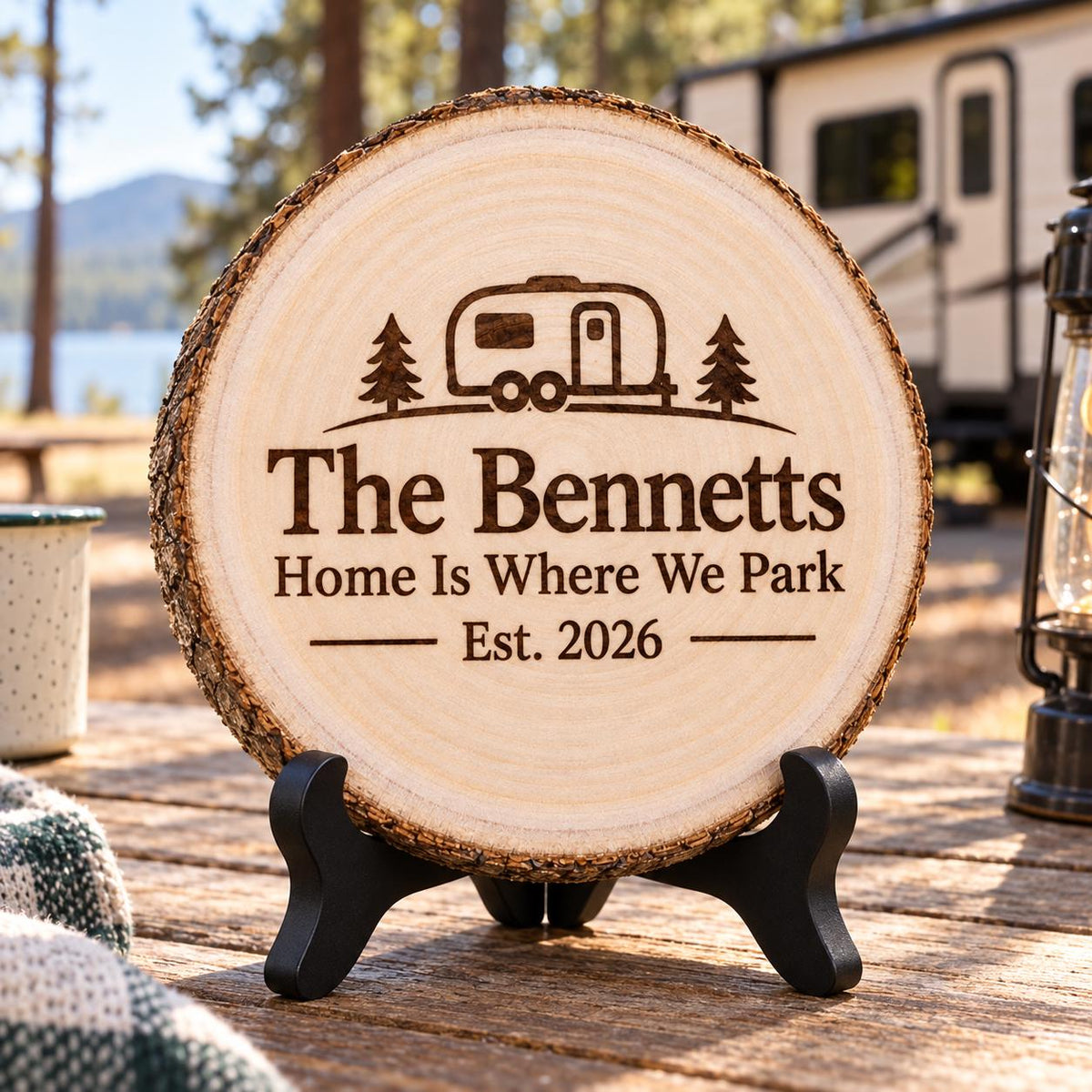 RV Camper Gift displayed on the optional black wooden stand in a matching setting. Approved thumbnail September 25, 2026.