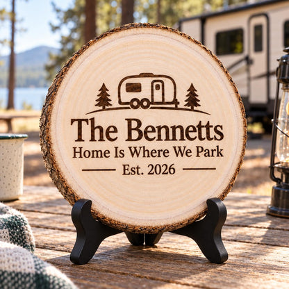 RV Camper Gift displayed on the optional black wooden stand in a matching setting. Approved thumbnail September 25, 2026.