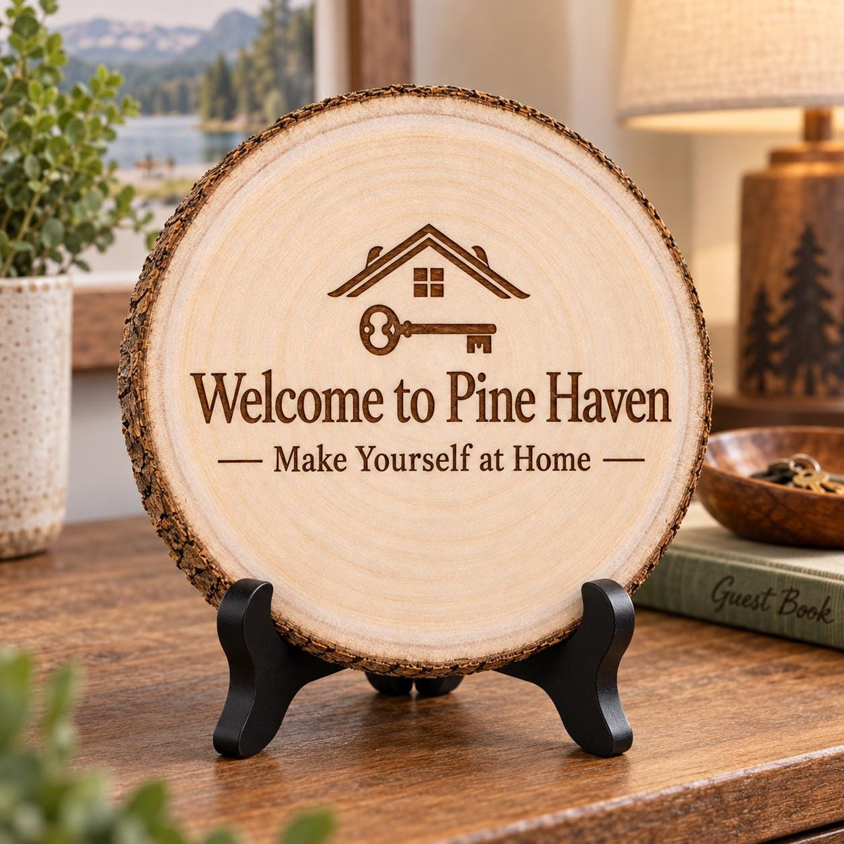 Vacation Rental Sign displayed on the optional black wooden stand in a matching setting. Approved thumbnail September 25, 2026.