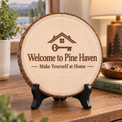 Vacation Rental Sign displayed on the optional black wooden stand in a matching setting. Approved thumbnail September 25, 2026.