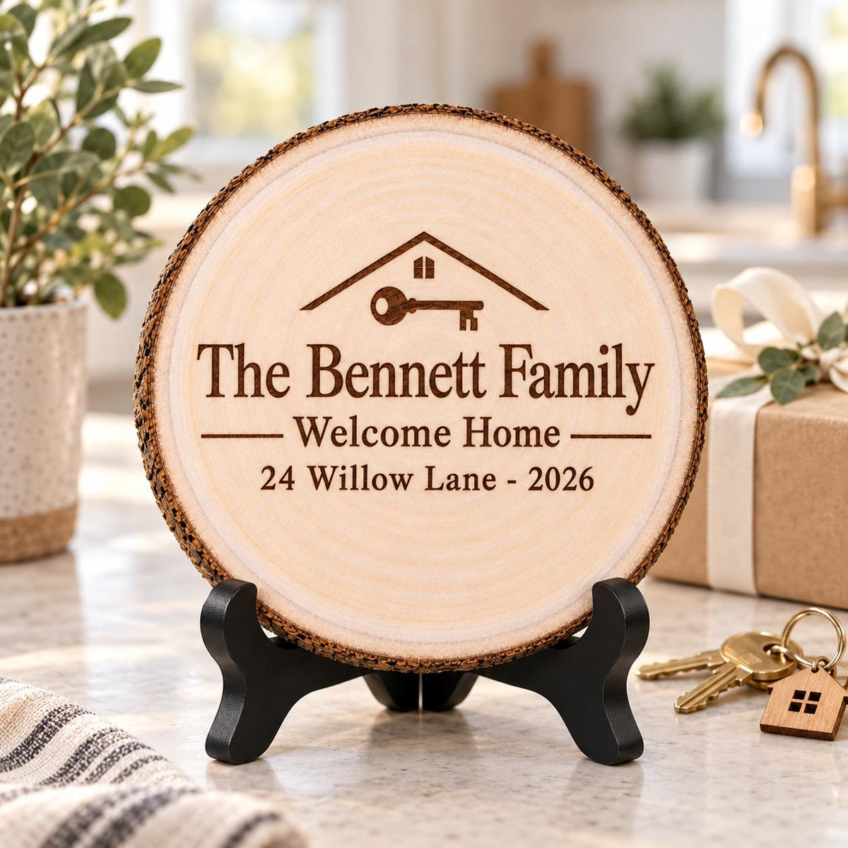 Realtor Closing Gift displayed on the optional black wooden stand in a matching setting. Approved thumbnail September 25, 2026.