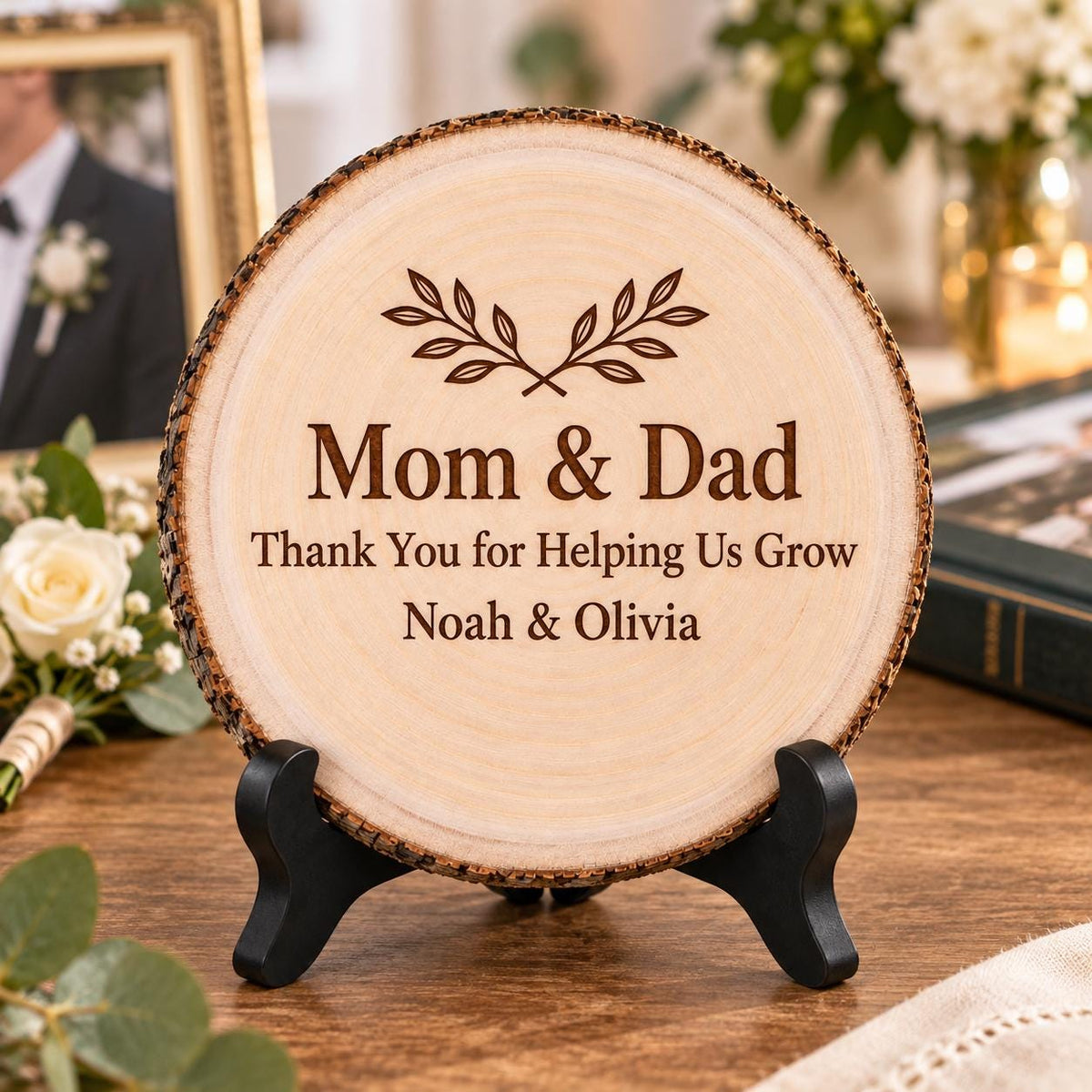 Parents of the Groom Gift displayed on the optional black wooden stand in a matching setting. Approved thumbnail September 25, 2026.