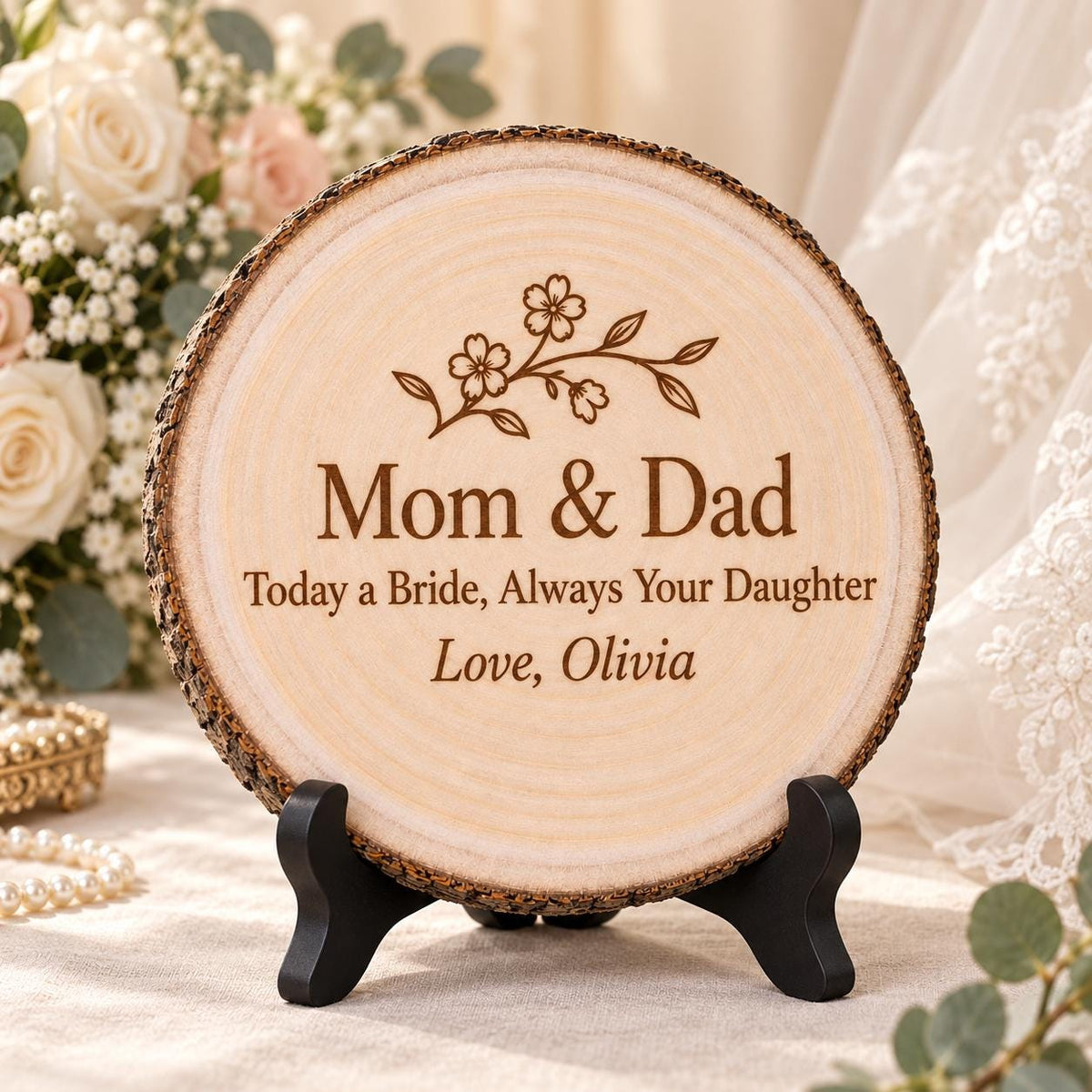 Parents of the Bride Gift displayed on the optional black wooden stand in a matching setting. Approved thumbnail September 25, 2026.