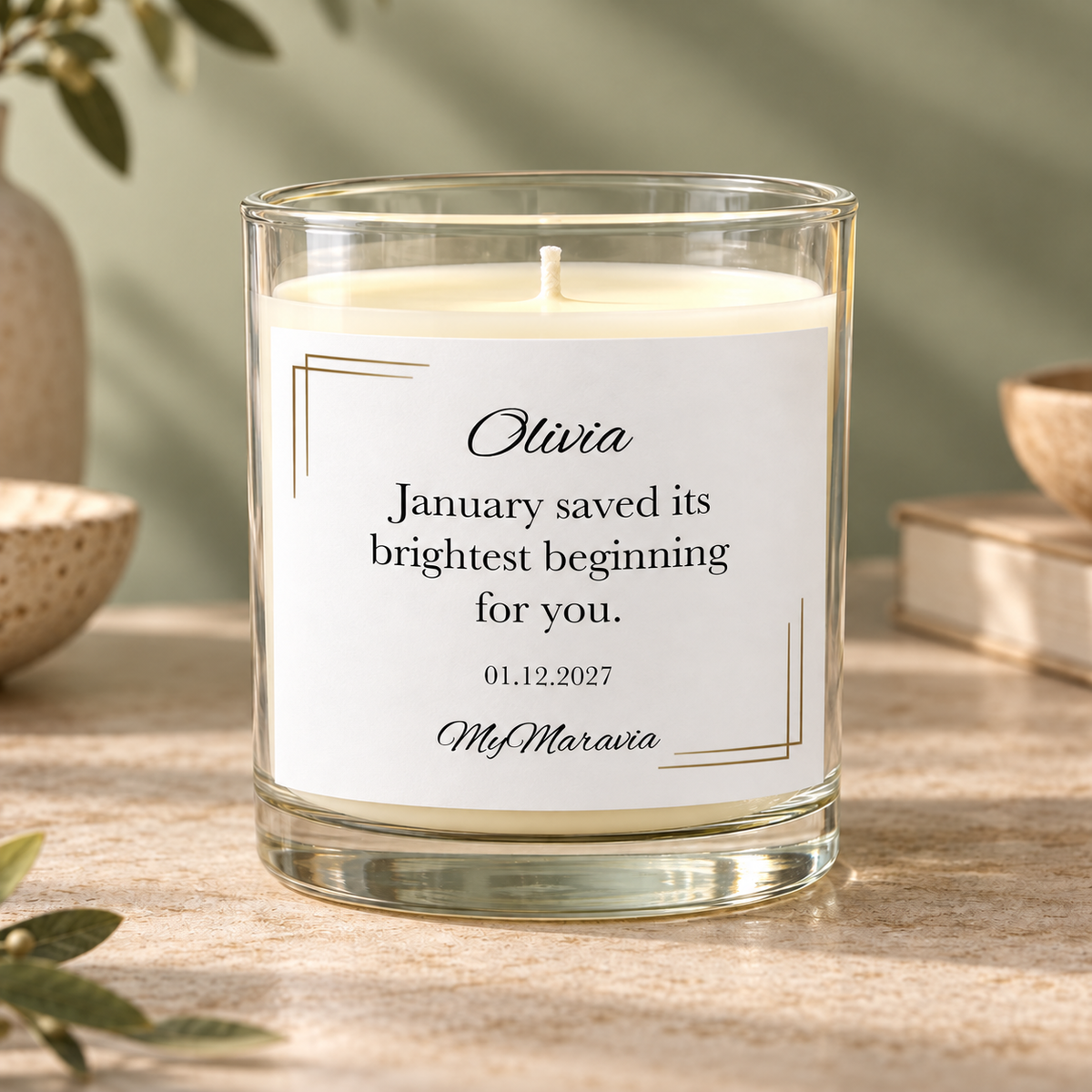 Hero — MyMaravia January birthday fresh start candle; Style 1: January saved its brightest beginning for you.