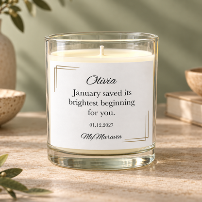 Hero — MyMaravia January birthday fresh start candle; Style 1: January saved its brightest beginning for you.