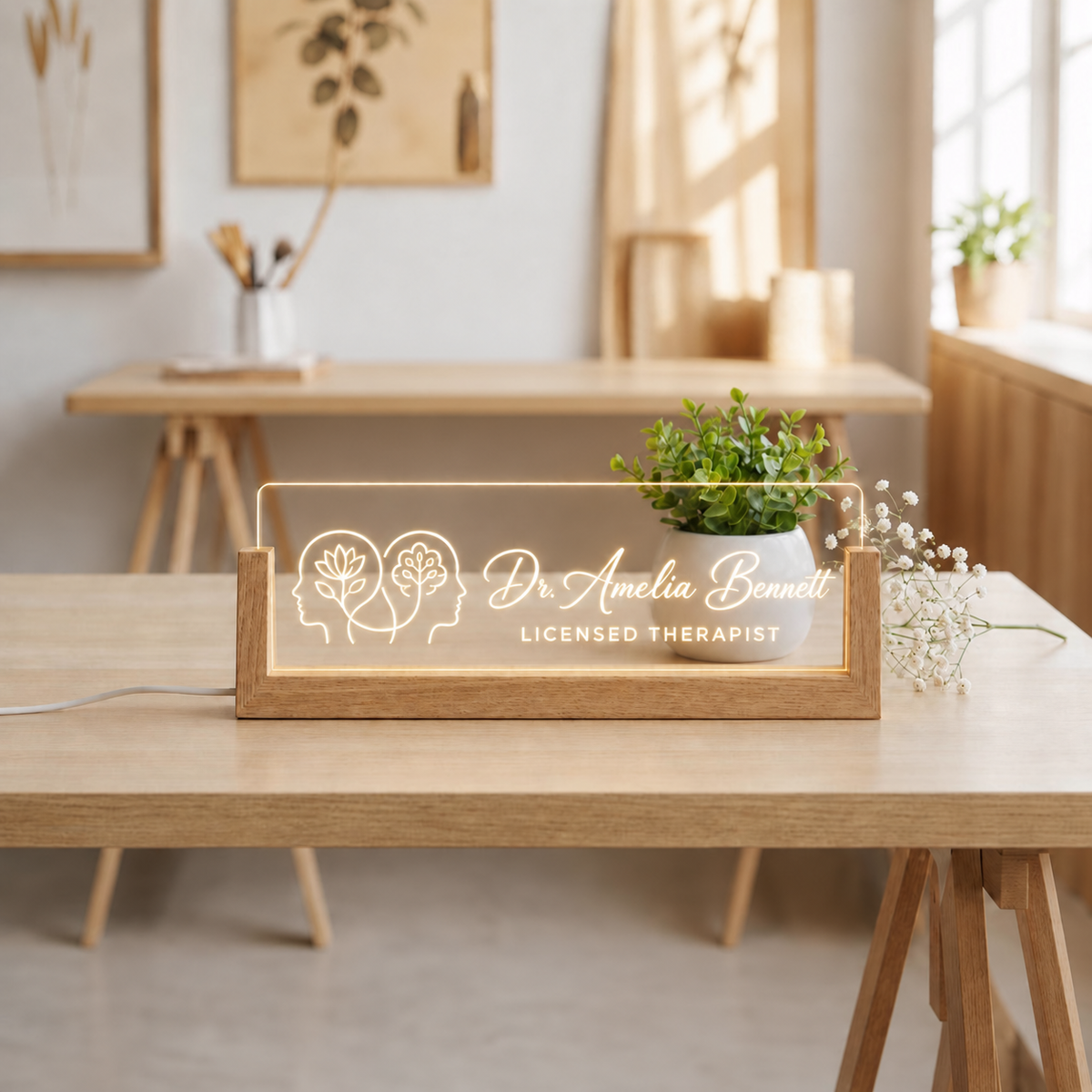 Personalized Licensed Therapist LED acrylic desk nameplate with two profiles with botanical details.