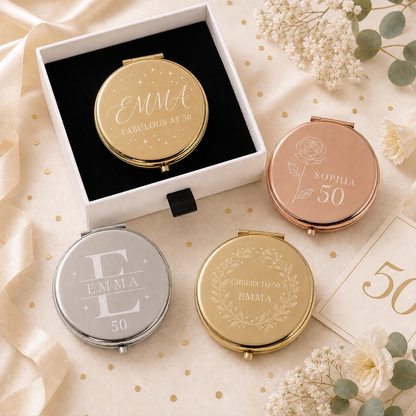 Milestone Birthday personalized compact mirrors in gold rose gold and silver with matte white gift box and flat black velvet insert