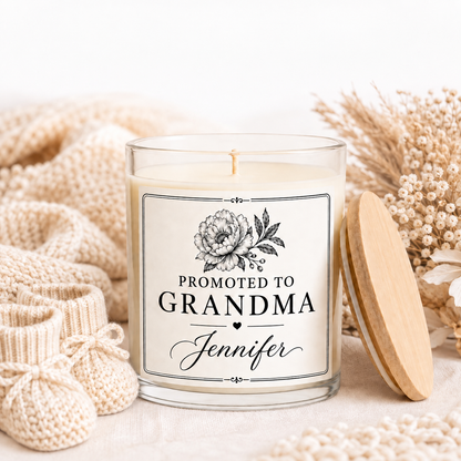 Personalized New Grandma Announcement Candle, Custom Black and White Label, 4 oz or 8 oz Pregnancy Reveal Gift — hero