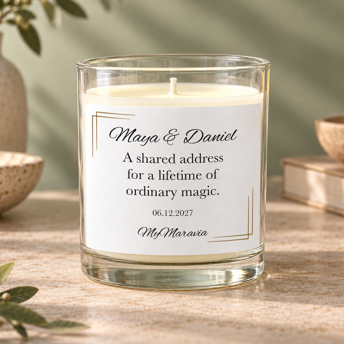 Hero — MyMaravia Newlywed home gift candle; Style 1: A shared address for a lifetime of ordinary magic.
