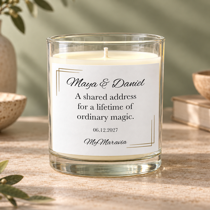 Hero — MyMaravia Newlywed home gift candle; Style 1: A shared address for a lifetime of ordinary magic.