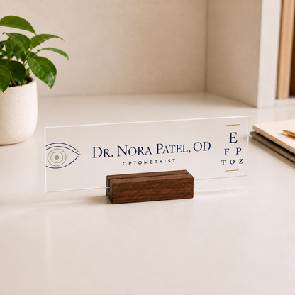 Personalized optometrist acrylic nameplate with shipping text to be cleaned before publishing