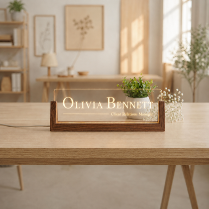 Modern Serif LED acrylic desk nameplate with large serif name and offset job title.
