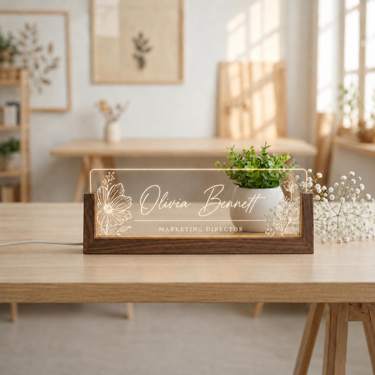 Large Floral Script LED acrylic desk nameplate with large flowers framing a script name.