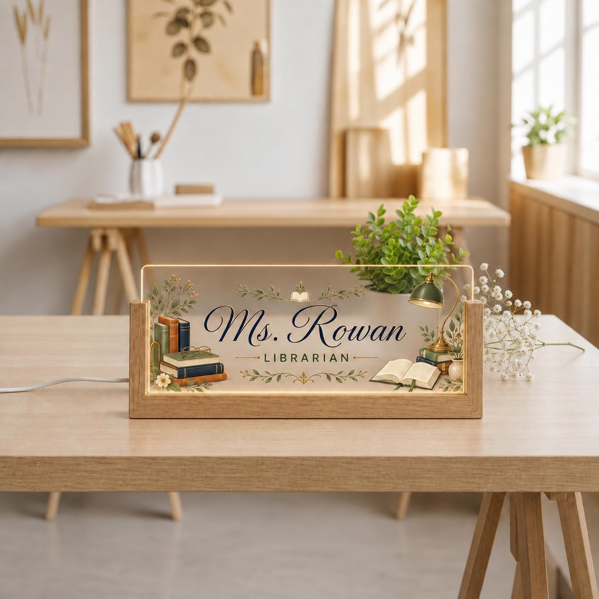 Personalized Librarian LED acrylic desk nameplate with books and library motif.