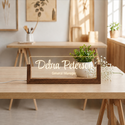 Personalized Walnut LED Name Plate, Custom Wooden Base Desk Sign (Arrives in 2 Days)
