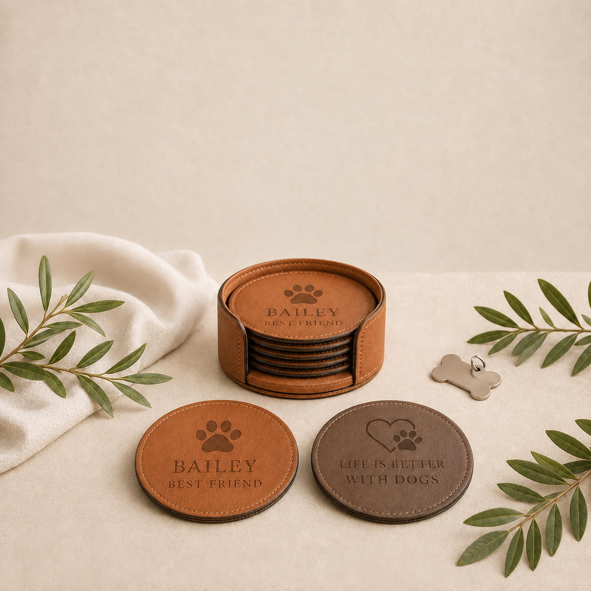 Pet Name Leatherette Coasters personalized product with free 2 day shipping message [source 8315096346]