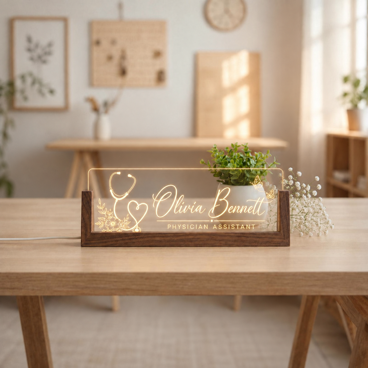 Personalized Physician Assistant LED acrylic desk nameplate with stethoscope heart.