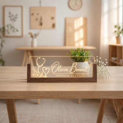 Personalized Physician Assistant LED acrylic desk nameplate with stethoscope heart.