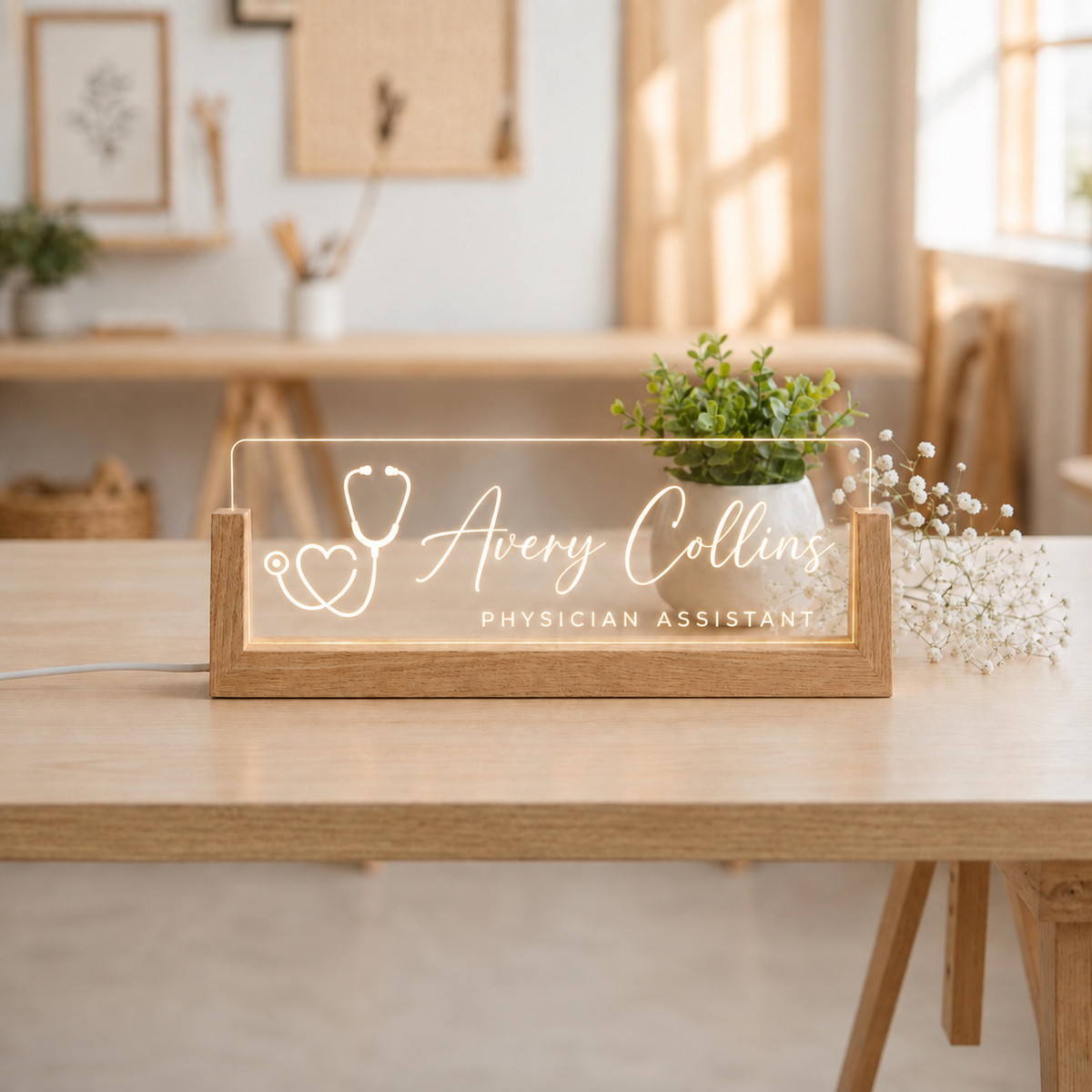 Personalized Physician Assistant LED acrylic desk nameplate with medical heart line art.