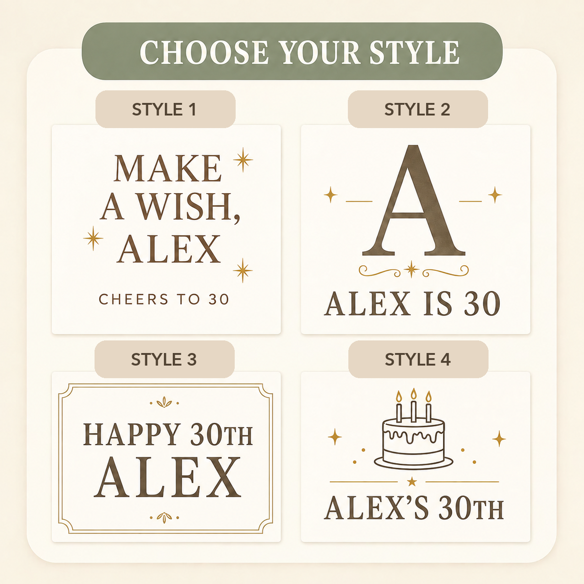 Choose your birthday candle style: Style 1 is the sleek MAKE A WISH design shown in the main photo; Style 2 monogram; Style 3 framed birthday text; Style 4 birthday cake.