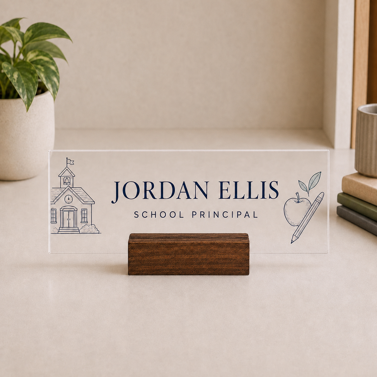 Personalized principal acrylic nameplate with shipping text to be cleaned before publishing