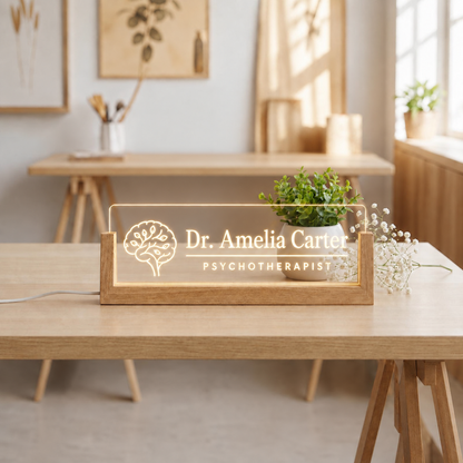 Personalized Psychotherapist LED acrylic desk nameplate with botanical brain artwork.