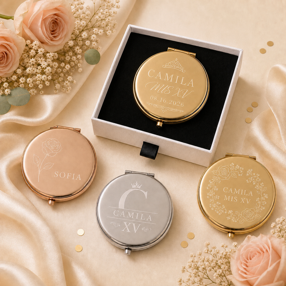 Quinceanera Sweet 15 Favors personalized compact mirrors in gold rose gold and silver with matte white gift box and flat black velvet insert