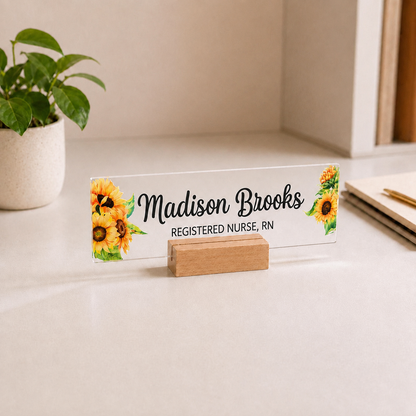 Personalized rn acrylic nameplate with shipping text to be cleaned before publishing