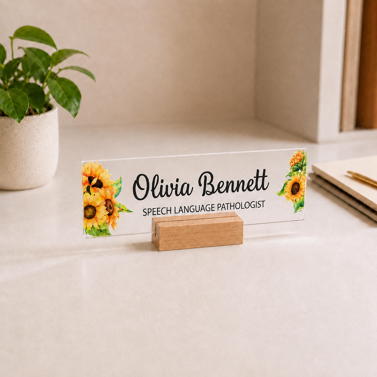 Personalized speech therapist acrylic nameplate with shipping text to be cleaned before publishing