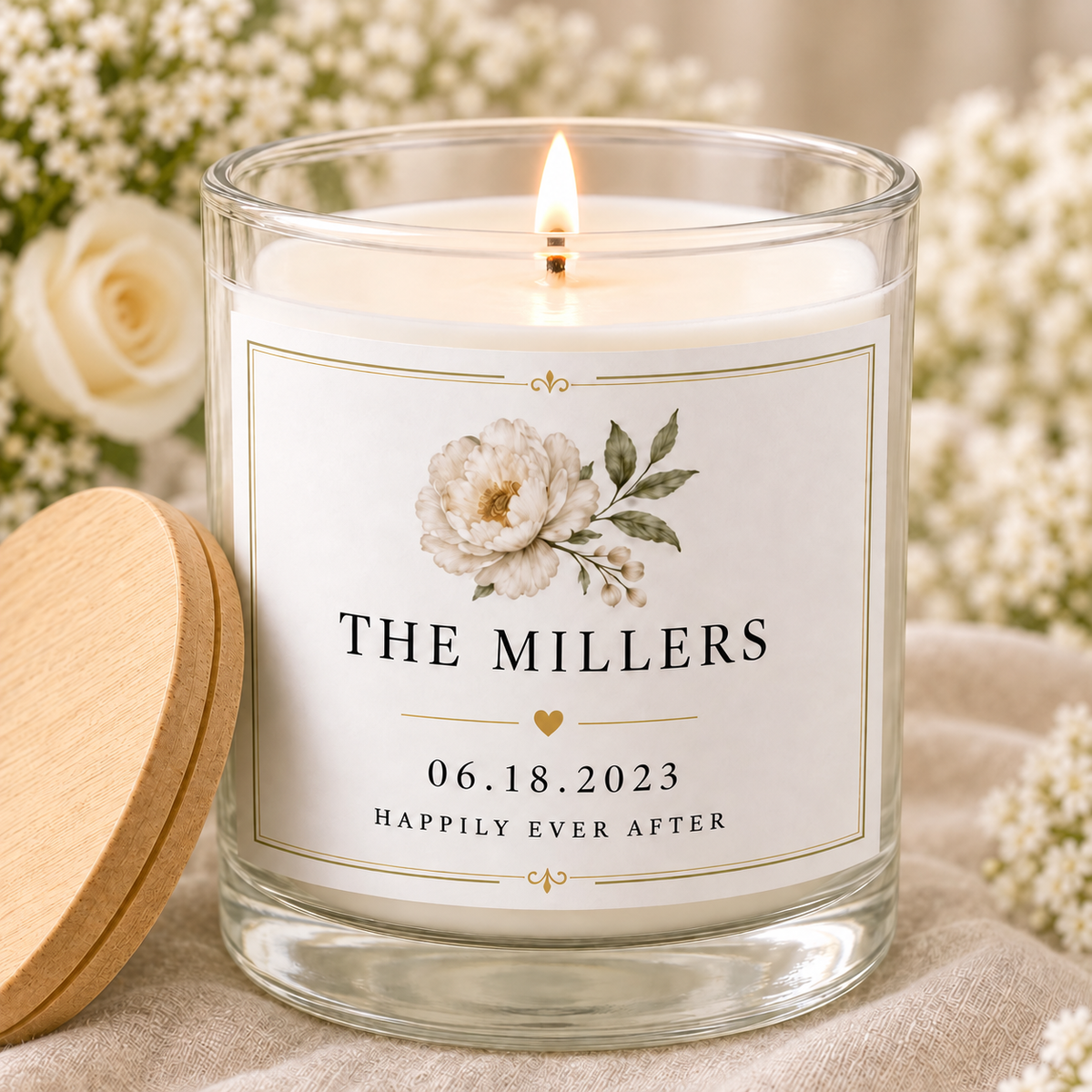 personalized Wedding Candle, Custom Couple Names and Date Gift, lit with natural wood lid beside the jar