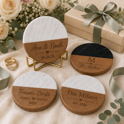 Wedding Marble & Wood Coasters