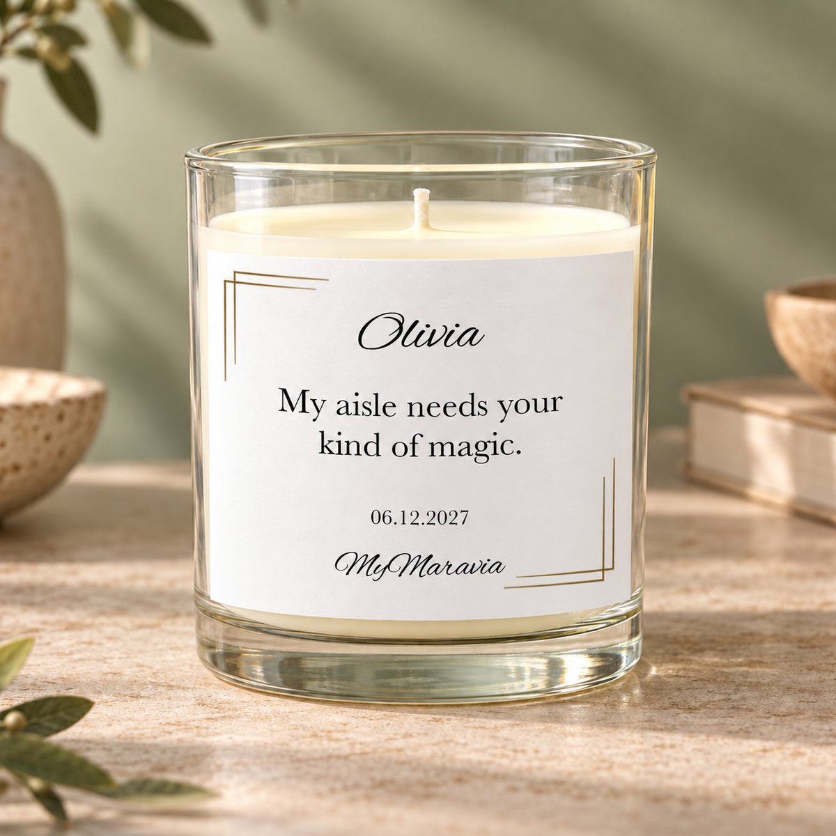Hero — MyMaravia Best friend bridesmaid invitation candle; Style 1: My aisle needs your kind of magic.