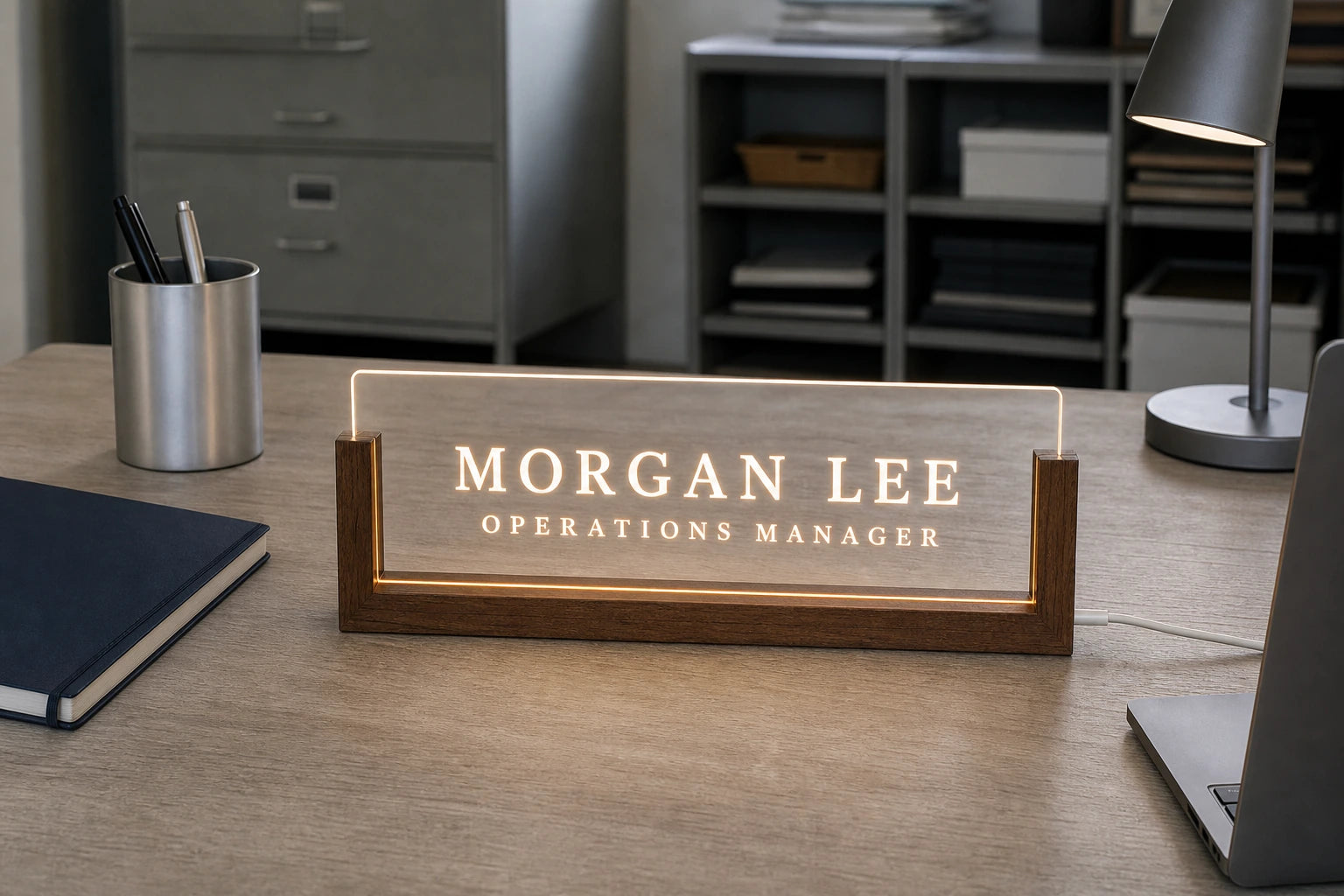 Illuminated personalized acrylic nameplate displayed in a professional studio workspace