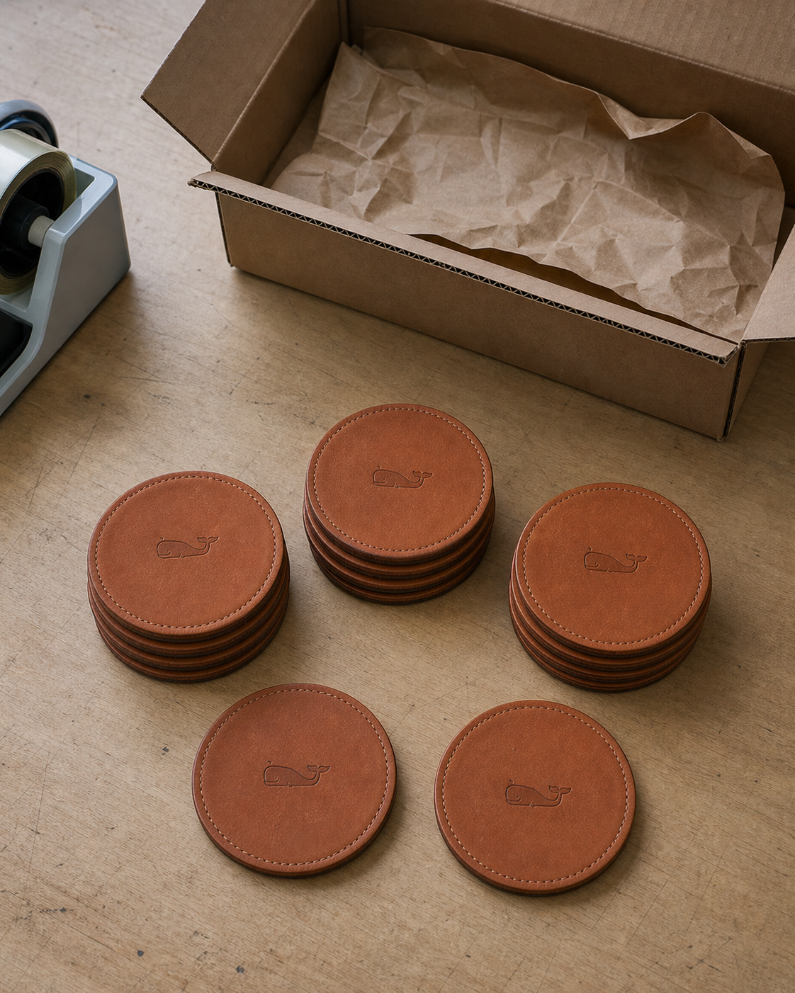 Bulk order of saddle-tan company-branded leatherette coasters prepared for packing