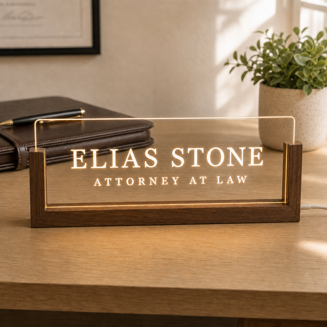 Personalized illuminated acrylic nameplate for a legal professional
